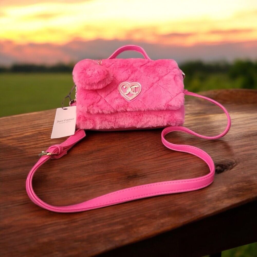 Juicy Couture LETS GET COZY Hot Pink Fluffy Crossbody Bag W Heart Charm NEW